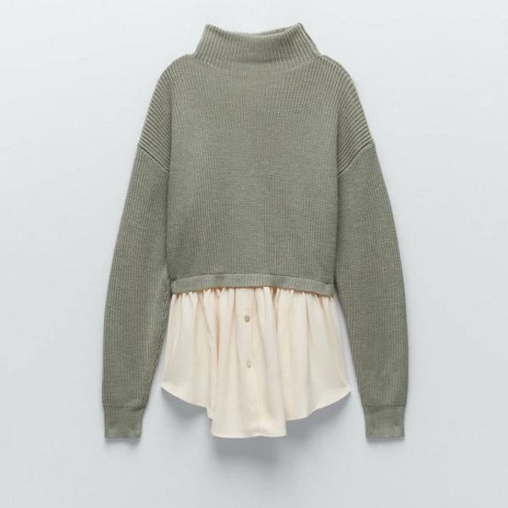 Zara Green and Cream Cowl Neck Sweater with Layered Design